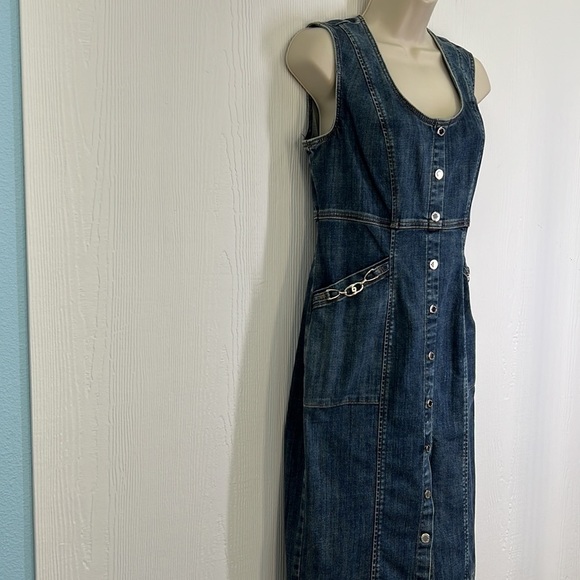 WHBM - Denim Silver Hardware Sleeveless Pocket Zip Up Midi Sheath Dress Size 4 - Picture 4 of 13